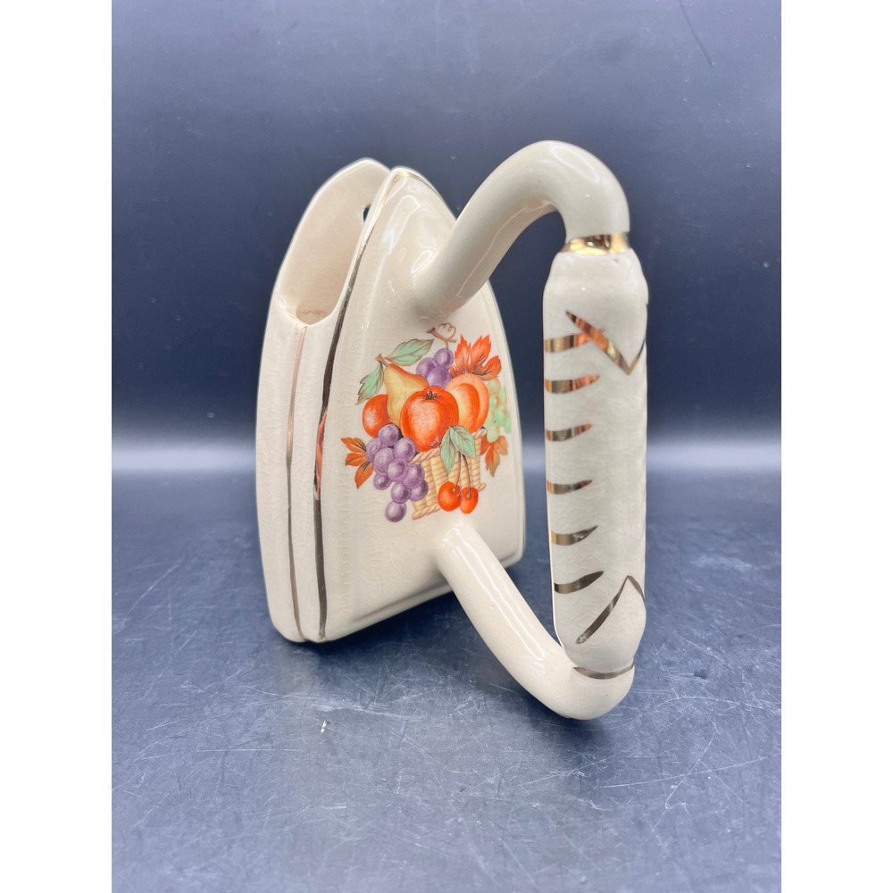 Vtg Ceramic Iron‎ Shaped Wall Pocket Vase Planter Holder Fruit Gold Trim Kitch